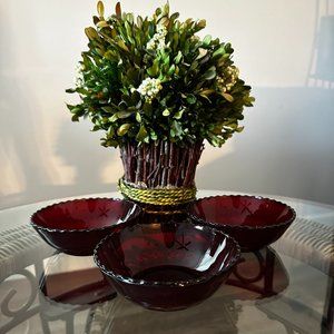 Anchor Hocking Royal Ruby Red Thumbprint Pattern Set of 3 Small Berry Bowls VTG